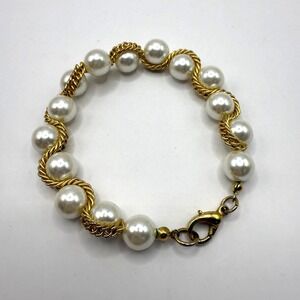 Vintage Gold Tone Faux‎ Pearl Bracelet with Twisted Rope Links